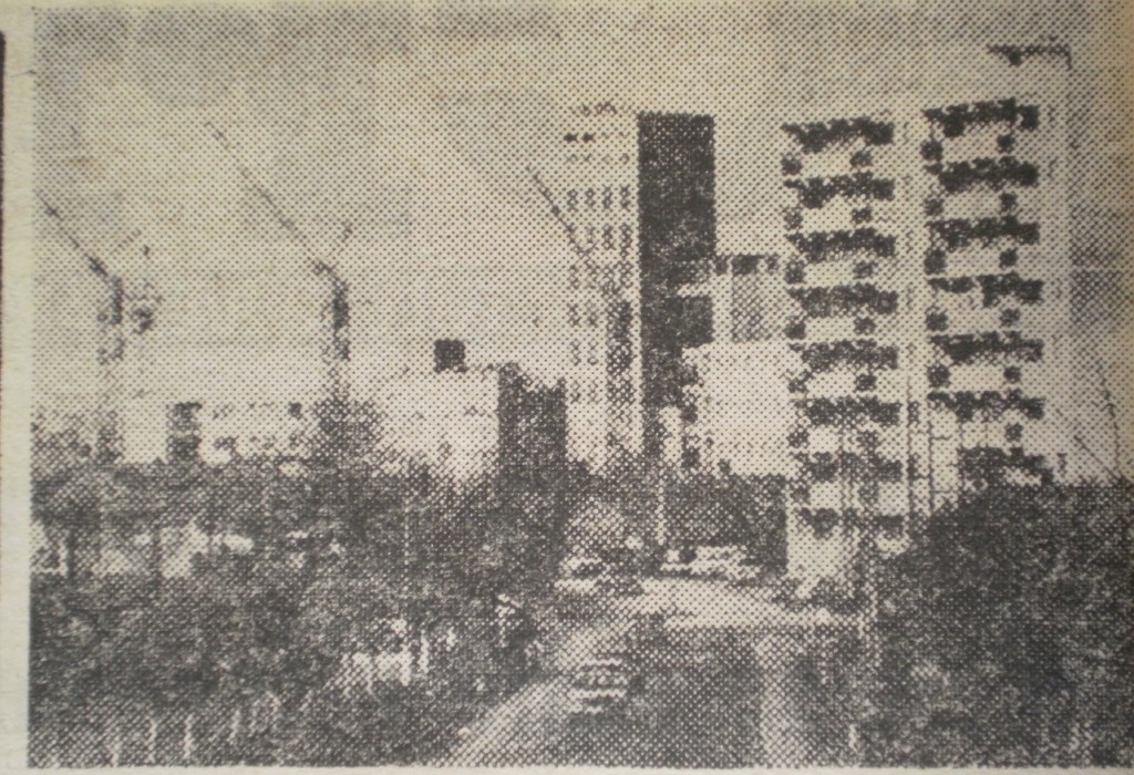 Blocuri în construcție pe Str. Nufărului, anul 1978. În fundal, fabrica de bere, foto: cotidianul Crișana